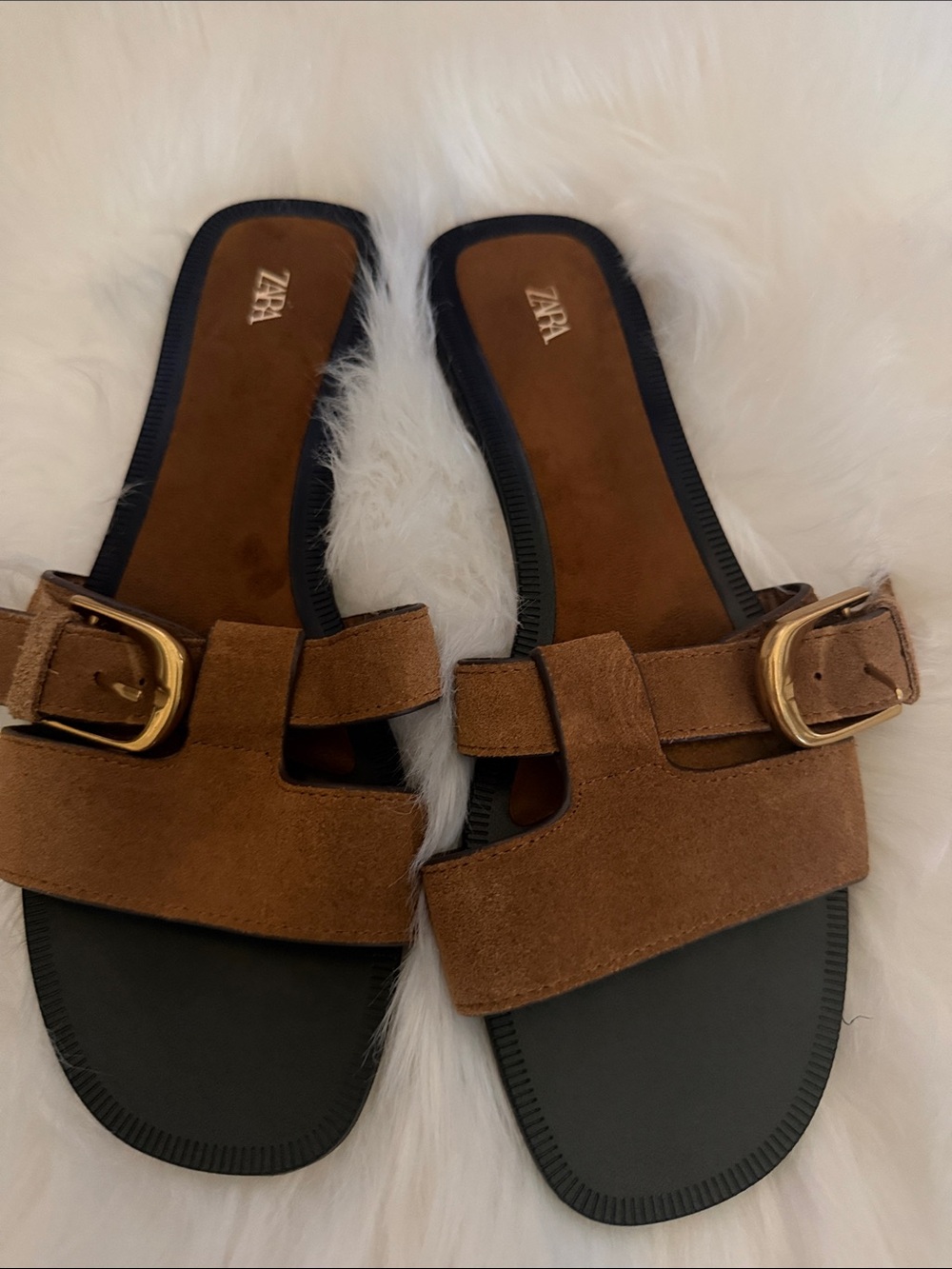 Zara Brown Suede Slide Sandals with Gold Buckles